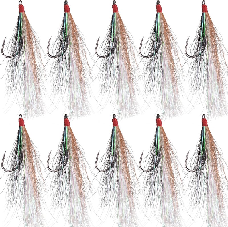 FUSIGO Bucktail Teasers Fishing Hooks Saltwater, 10pcs Fishing Teaser Lures Crystal Mylar Flash Teasers Jig Hooks for Flounder Salmon Trout Striped Sea Bass Bluefish - Image 1